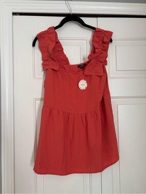 ODDY Coral Red Ruffle Strap Tank Top